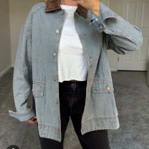 Striped Blue and White Jacket with Brown Collar